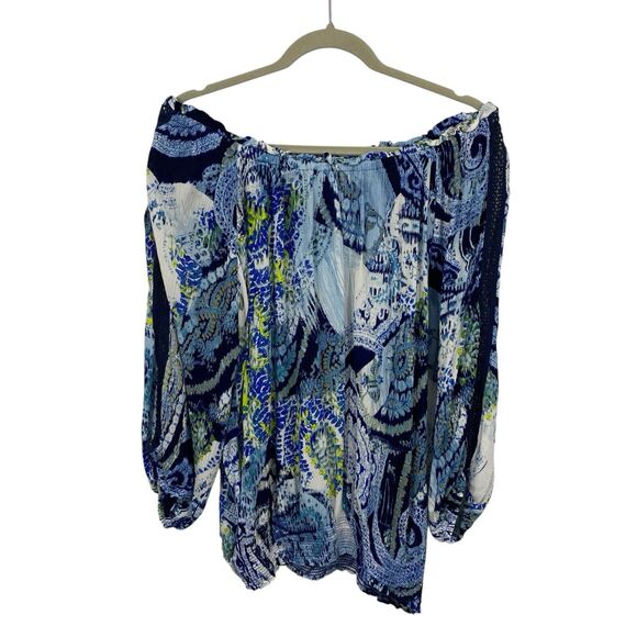 Desigual Off Shoulder Top Size XL Sheila Blue Mediterranean Pattern Long Sleeves - Picture 1 of 11